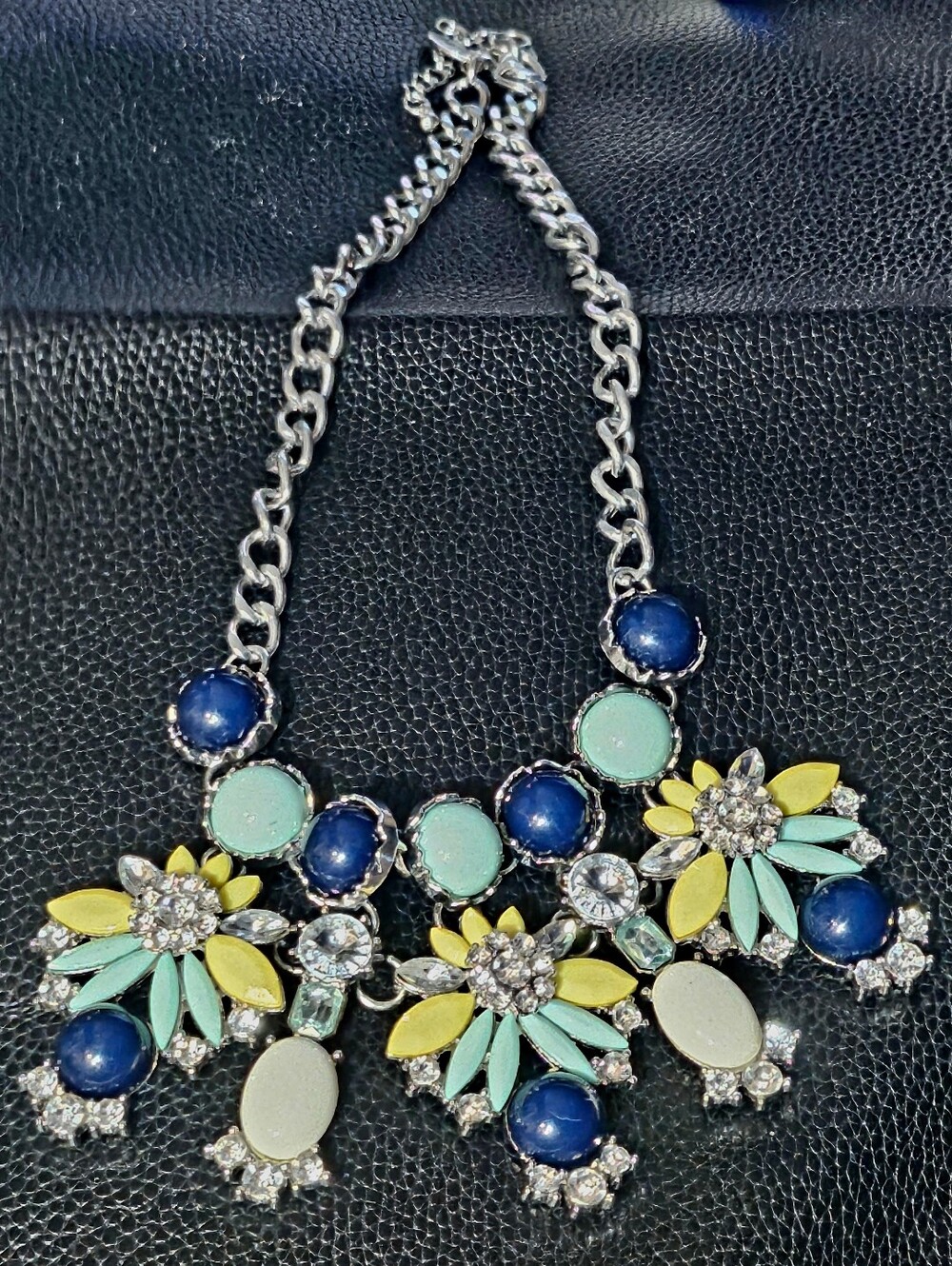 22" Charming Charlie Floral Necklace, Yellow, Silver Tone Turquoise,Navy